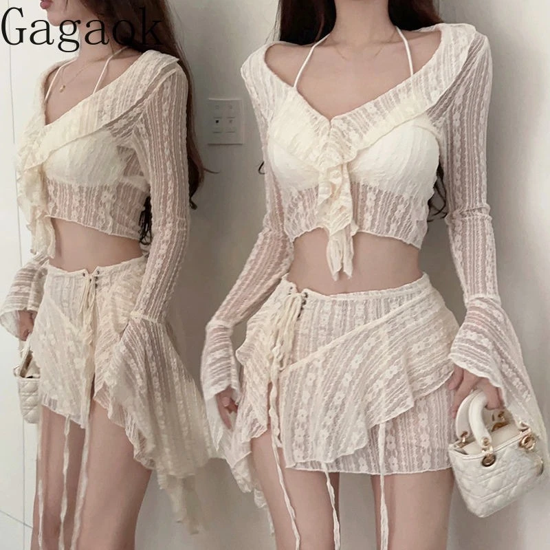 Gagaok Beach Style Two Piece Set Women Summer New Solid Sexy Vintage Fashion Suits V Neck Ruffles Tops Mini Skirts