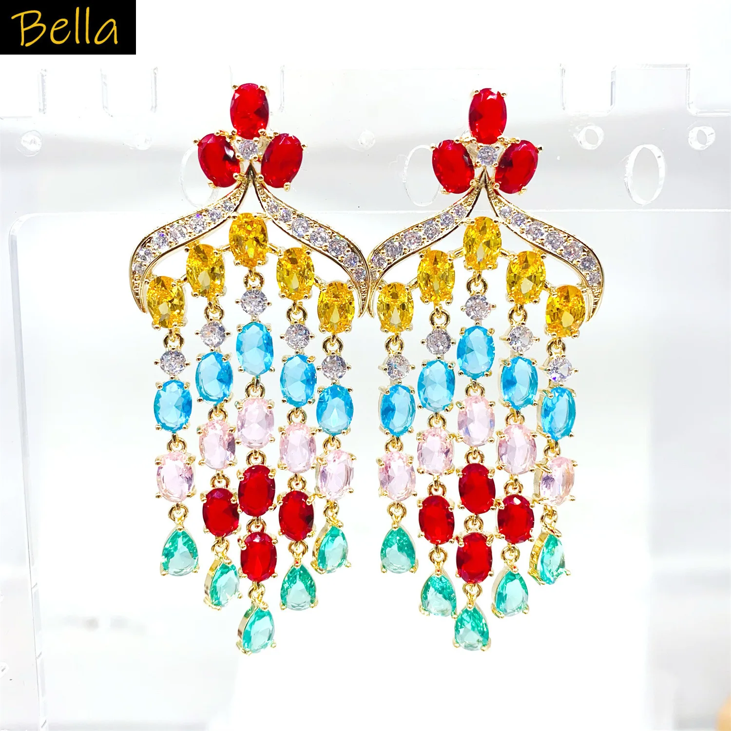 

Luxury Zirconia Earrings for Women Dinner Party Jewelry White Green Colorful Small Water Drop Chain Tassel Dangling Earrings