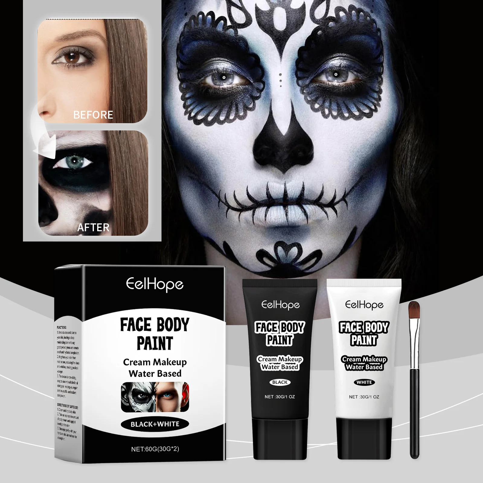 Halloween Black White Eyes Face Body Paint Full Coverage Lighweight Foundation Clown Joker Makeup Waterproof Cream Oil Cosplay
