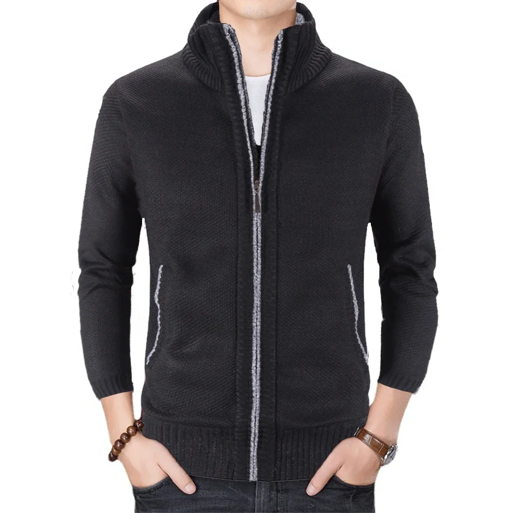 Men\'s Knitted Sweater Winter Thick Coat Long Sleeve Cardigan Stand Collar Fleece Male Zipper Blouse Causal Clothing for Autumn
