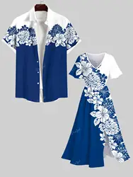 Rosegal Matchable Couple Hawaiian Hibiscus Flower Palm Leaf Colorblock Print Shirt or Plus Size Midi Split A Line Dress