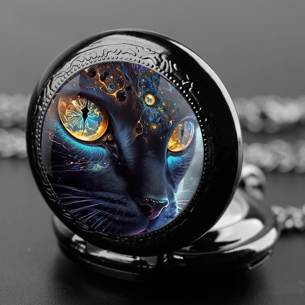 Cat's face Design Black Quartz Pocket Watch Gift Set with Durable Chain and Arabic Numeral Face Timeless Present for Boy