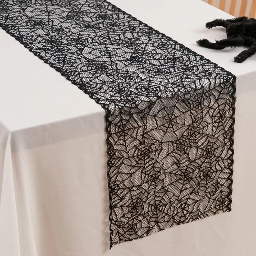 

Black Color Halloween Runner Lace Material Gothic Style Spider Web Runner Long Length Hollow Out Runner Kitchen Dining