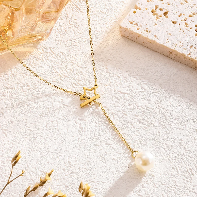 

1pc Fashion Star Hollow Out Design Sense Simple Titabium Steel Artificial Pearl Gold Color Pendant Necklace Woman Party