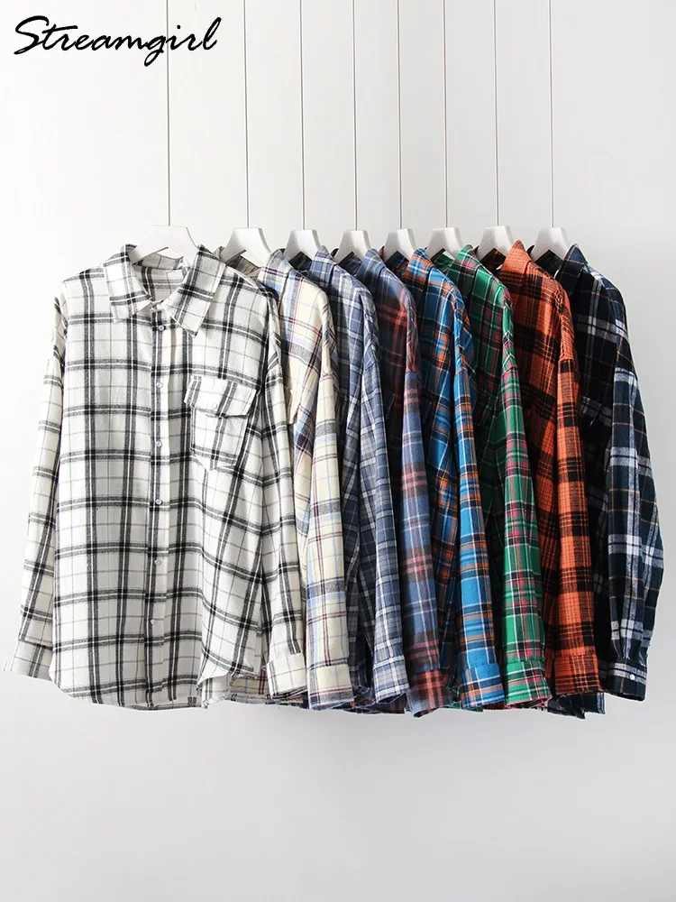 Casual Oversized Plaid Shirt Autumn Winter Women Vintage Loose Blouses Plaid Tops Women Oversize Shirts With Pockets Ladies 2024