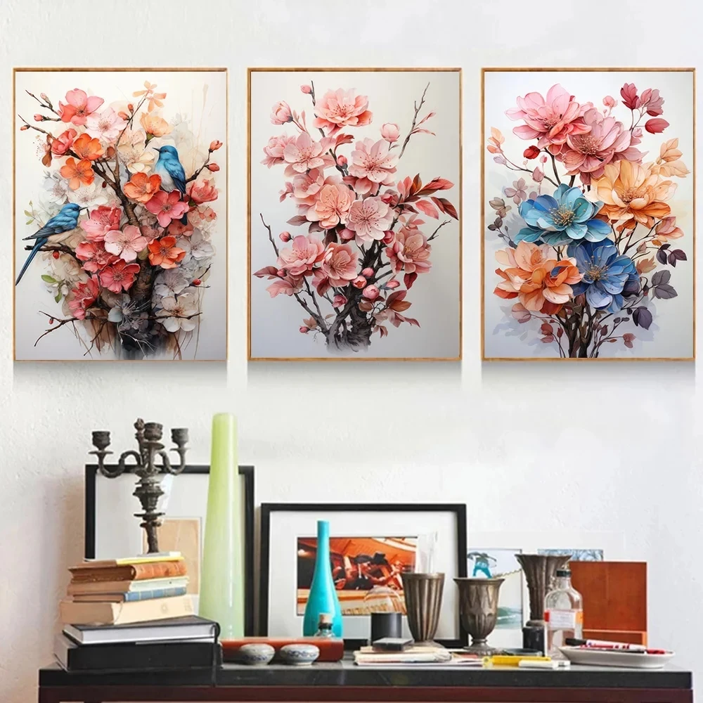 diy Cute Blue Bird Peach Blossom Flowers 3D Art Diamond Painting Cross Stitch Kits Landscape For Living Room Modern Home Decor