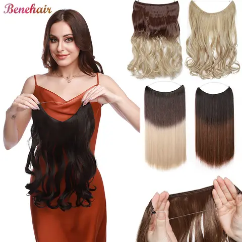 BENEHAIR 여성용 인비저블 헤어 익스텐션 – 클립 없이 편리하게 사용 가능한 비밀 피쉬 라인 헤어피스, 데일리 스타일 연출용