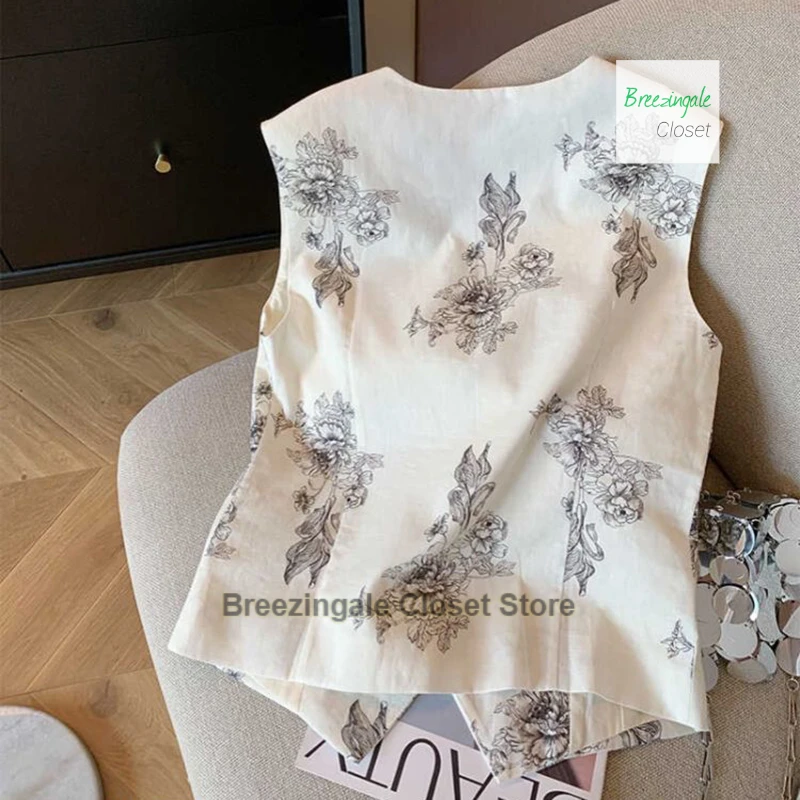 フランス刺繍カジュアルベスト女性の新しい春と夏の摩耗タンクトップファッションハイエンド気質プリント V ネックベストベスト