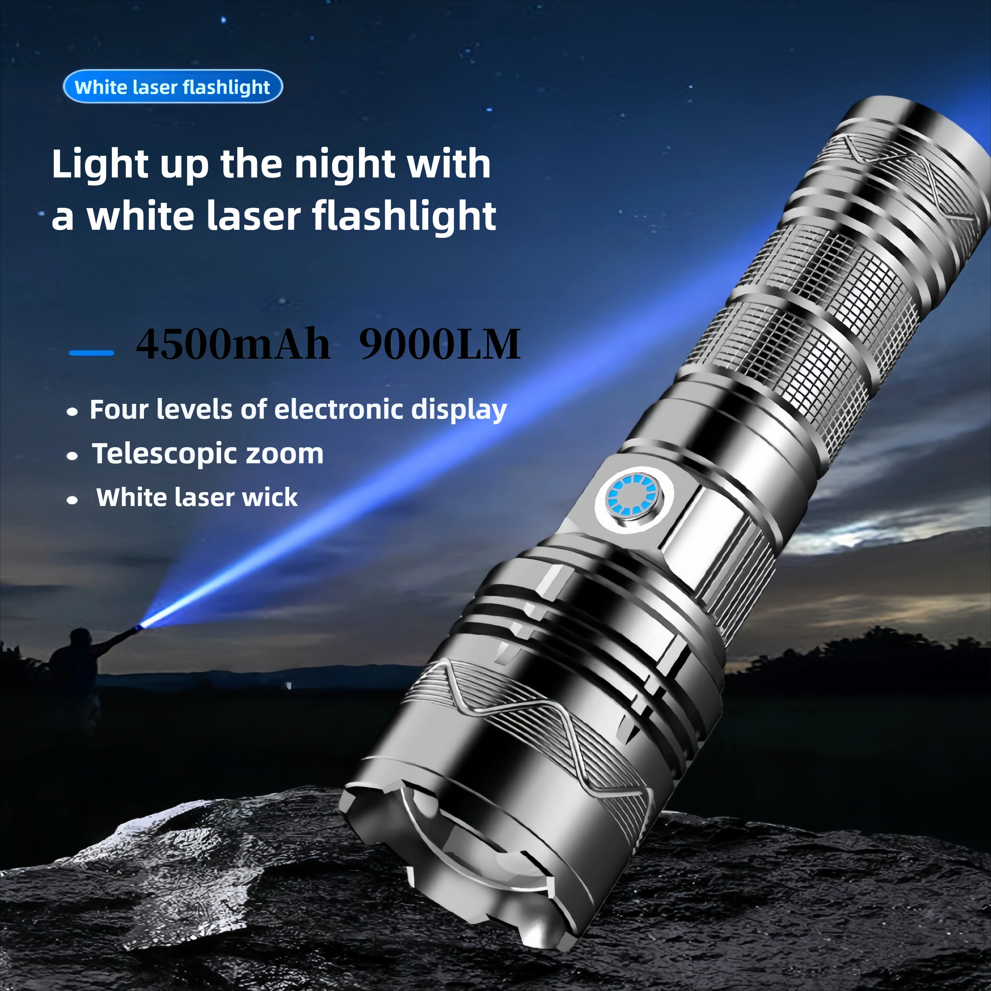 

Белый лазерный фонарик из алюминиевого сплава, дисплей уровня заряда батареи, высокоинтенсивный фонарик дальнего действия, портативный осветительный фонарь