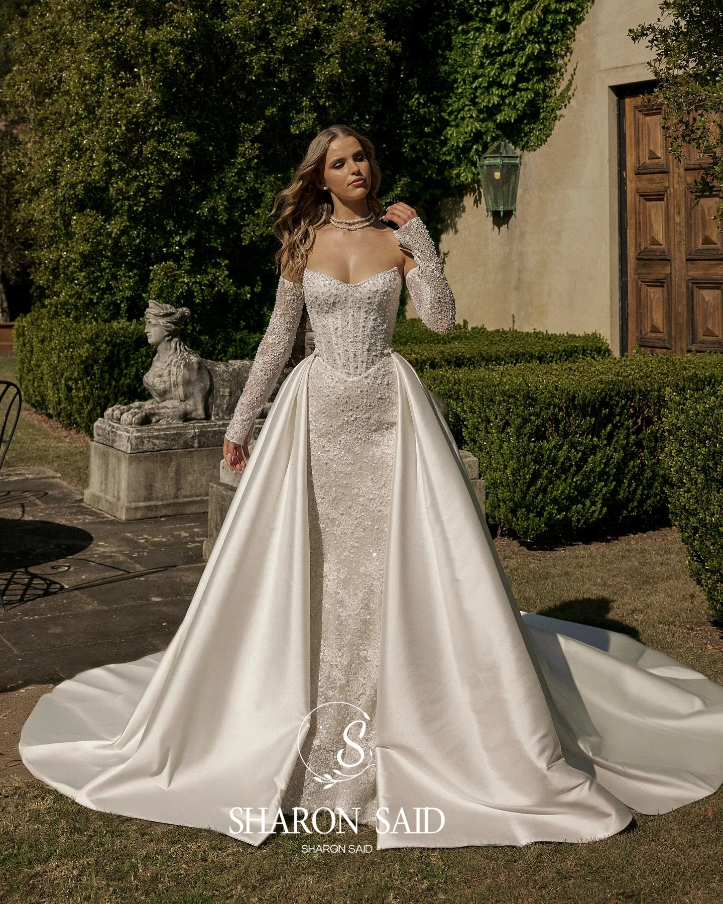 Sharon Said Abiti da sposa a sirena con perline Dubai di lusso di fascia alta 2025 con gonna oversize maniche lunghe Abiti da sposa SW060 Personalizzato