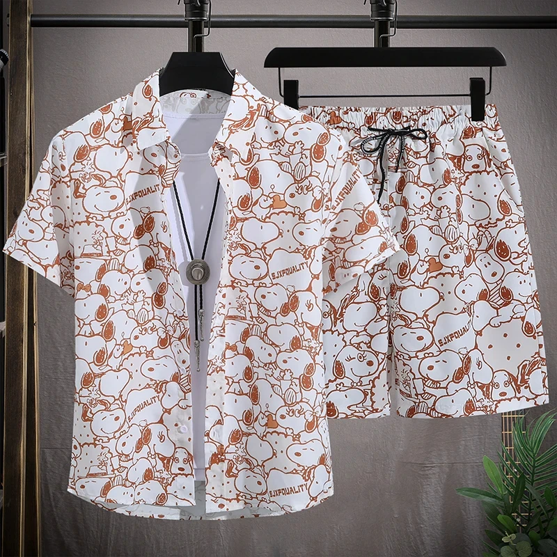 Men's Shirts Sets Anime Dog Pattern 3D Print Single Breasted Shirt+Shorts 2pcs Suit Summer Oversizd Holiday Hawaii Beach Outfits