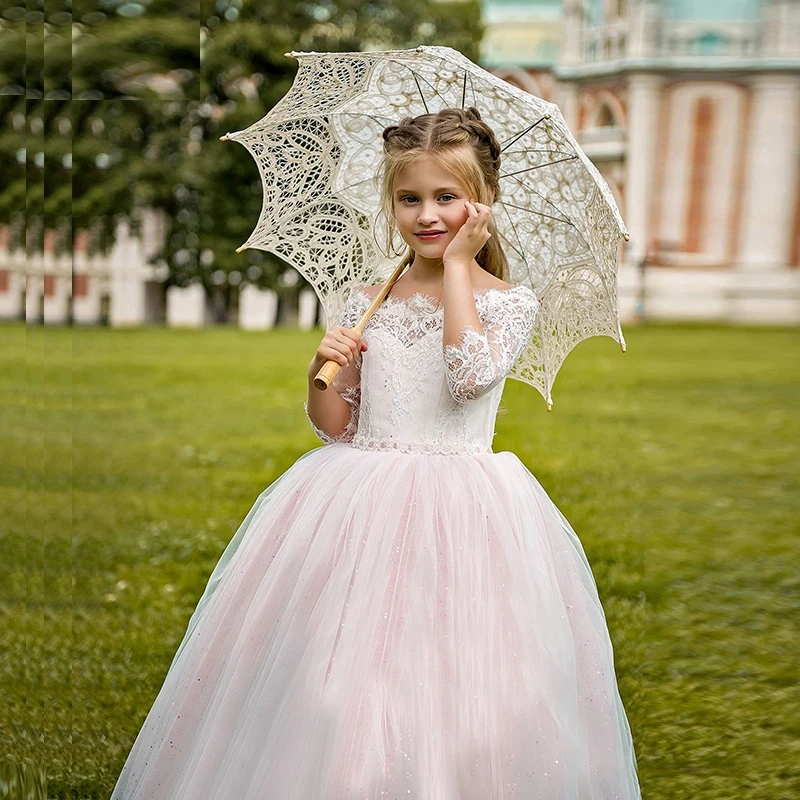 Elegant Flower Girl Dress For Wedding Off Shoulder Tulle Puffy Sequins Lace Host Piano Performance First Communion Birthday Gift