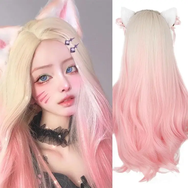 Long Straight Ombre Blonde To Blue Pink women Cosplay Natural Synthetic Wigs