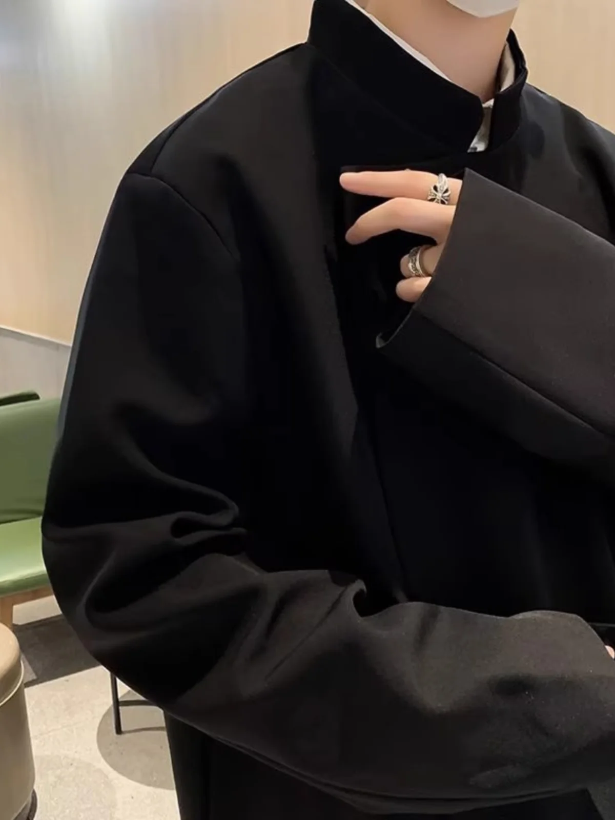 

New Chinese Sle Men's Jaet Oversize Stand Collar Han Su National Sle Pure Color Long Sve Loose Fit Outerwear