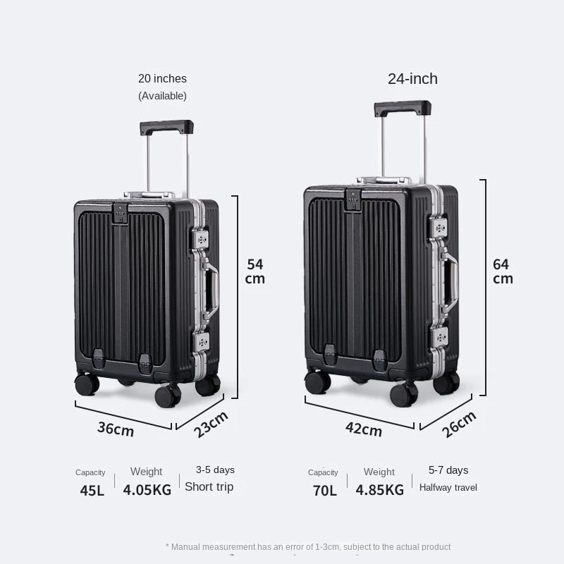 Travel Suitcase Trolley Case Front Opening Aluminum Frame Business Boarding Rolling Luggage with Cup Holder Password Suitcase