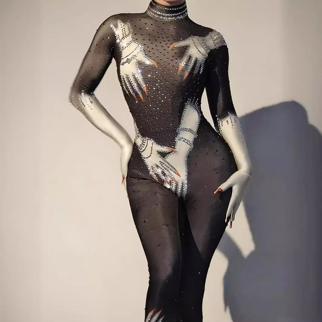 Tuta da donna sexy Mani da donna Zentai Paillettes lucide Modello stampato Body Costumi di spettacolo per feste di carnevale di Halloween