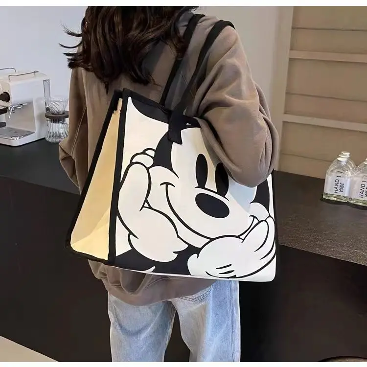 Disney Mickey Mouse Large Capacity Canvas Bag Women\'s Summer New Fashion Commuter Tote Bag Cartoon Print Shoulder Bag Mommy Bag