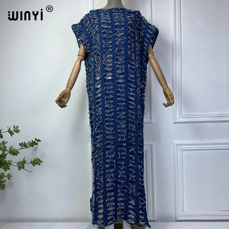 Winyi Originele Denim Sexy Lange Jurk Met Gaten Nieuwe Mode Afrika Womens Party Vakantie Casual Korte Mouw Maxi Strandjurk