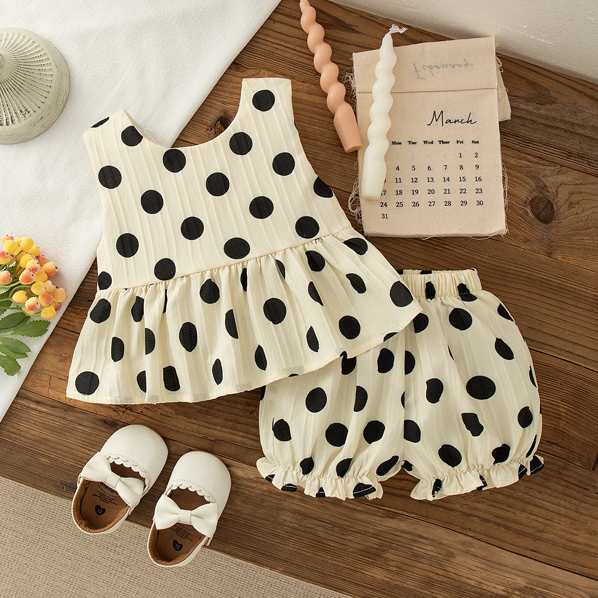 2pc/Set Baby Outfit Set Summer Cotton Bow And Polka Dot Pattern Suspender Top Lantern Shorts Cute Casual Baby Girl Set