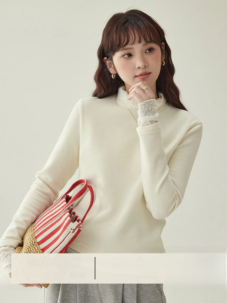 

North Island AMUU Original Pure Color Lace Splicing Women's Long Sve T-irt Inner Wear Winter New Sle Double Sided Velvet