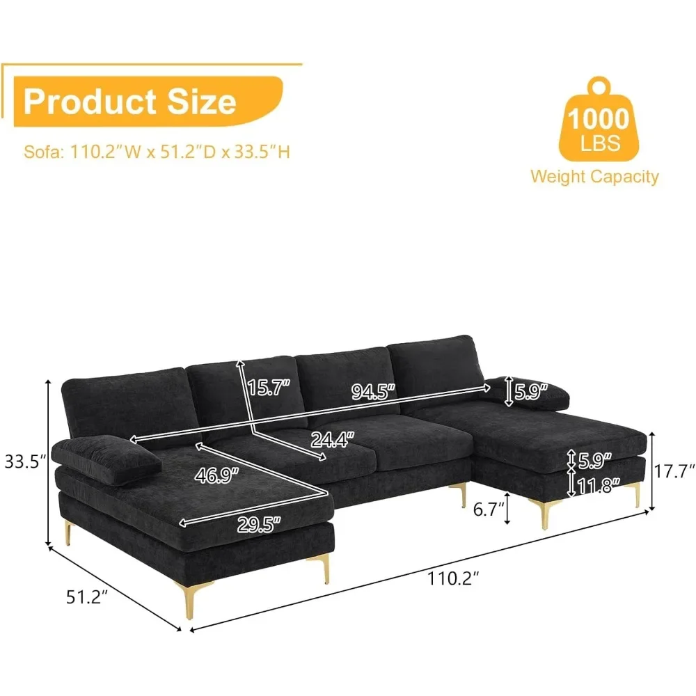 Sofá seccional Convertible con tapizado de tela chenilla para sala de estar, sofá en forma de U de 110 pulgadas, 4 asientos