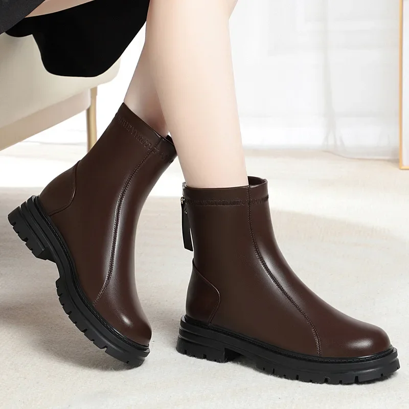 

3.5cm Fashion Comfortable Soft Leather Boots Women's Platform Shoes Fall Winter 2024 Square Heels Snow Ankle Boots Office Mom