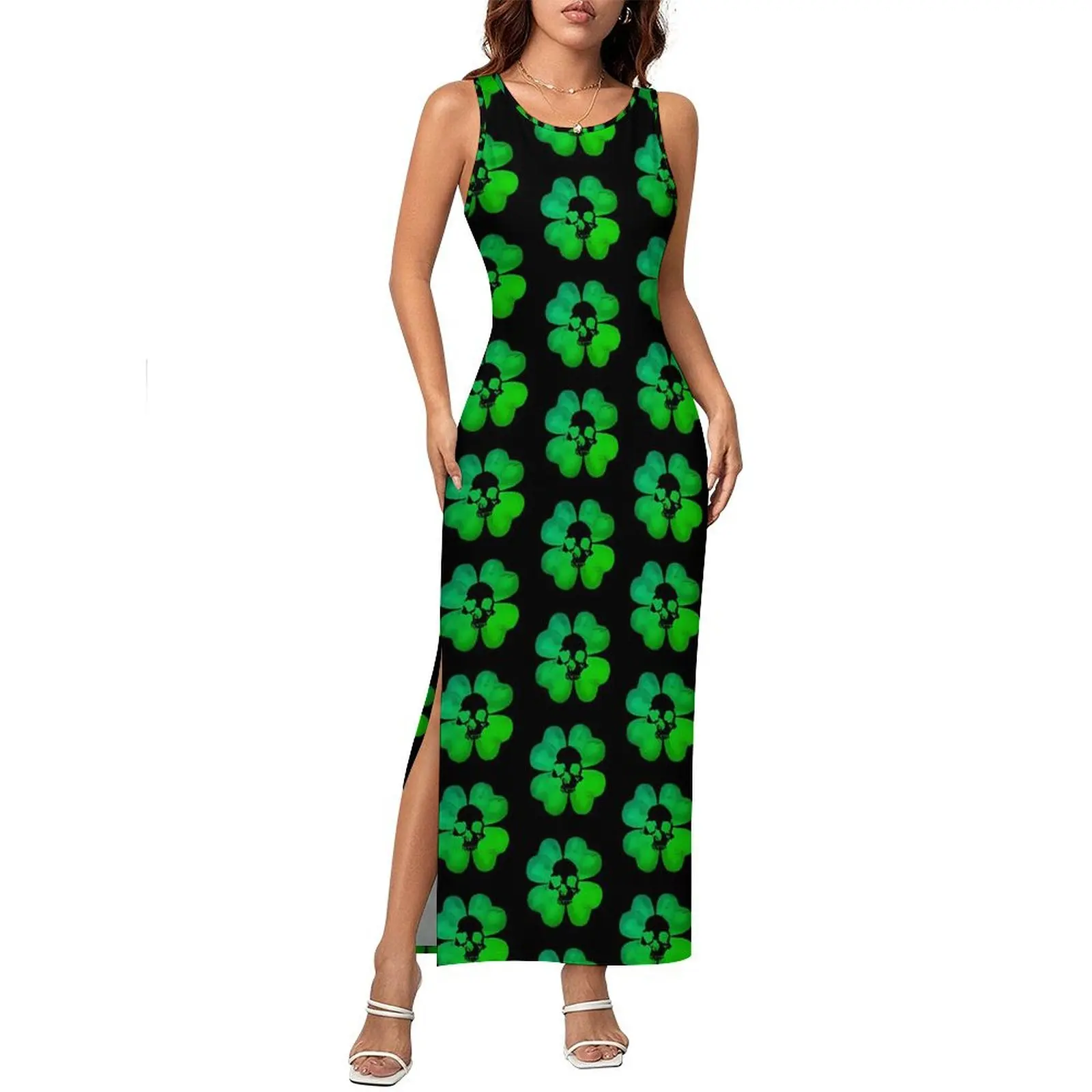 Female Bodycon Dress Stylish Skull Leaf Print Maxi Dresses Spring Shamrock Sleeveless Casual Y2k Pattern Dress Big Size