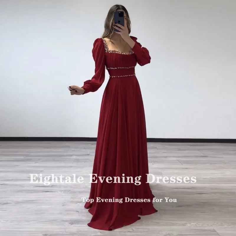 Eightale Burgundy Evening Dresses Sweetheart Beaded Long Sleeves Arabic Chiffon Prom Gown for Wedding Party robe soiree