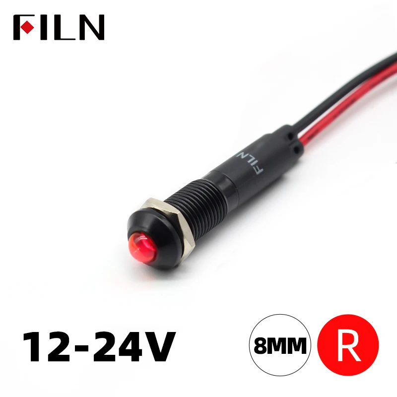 Pannello luminoso a LED FILN da 8 mm Guscio in metallo nero Mini 12V 24V 110V 220V con cavo da 20 cm Testa rialzata montata su pannello luminoso a LED