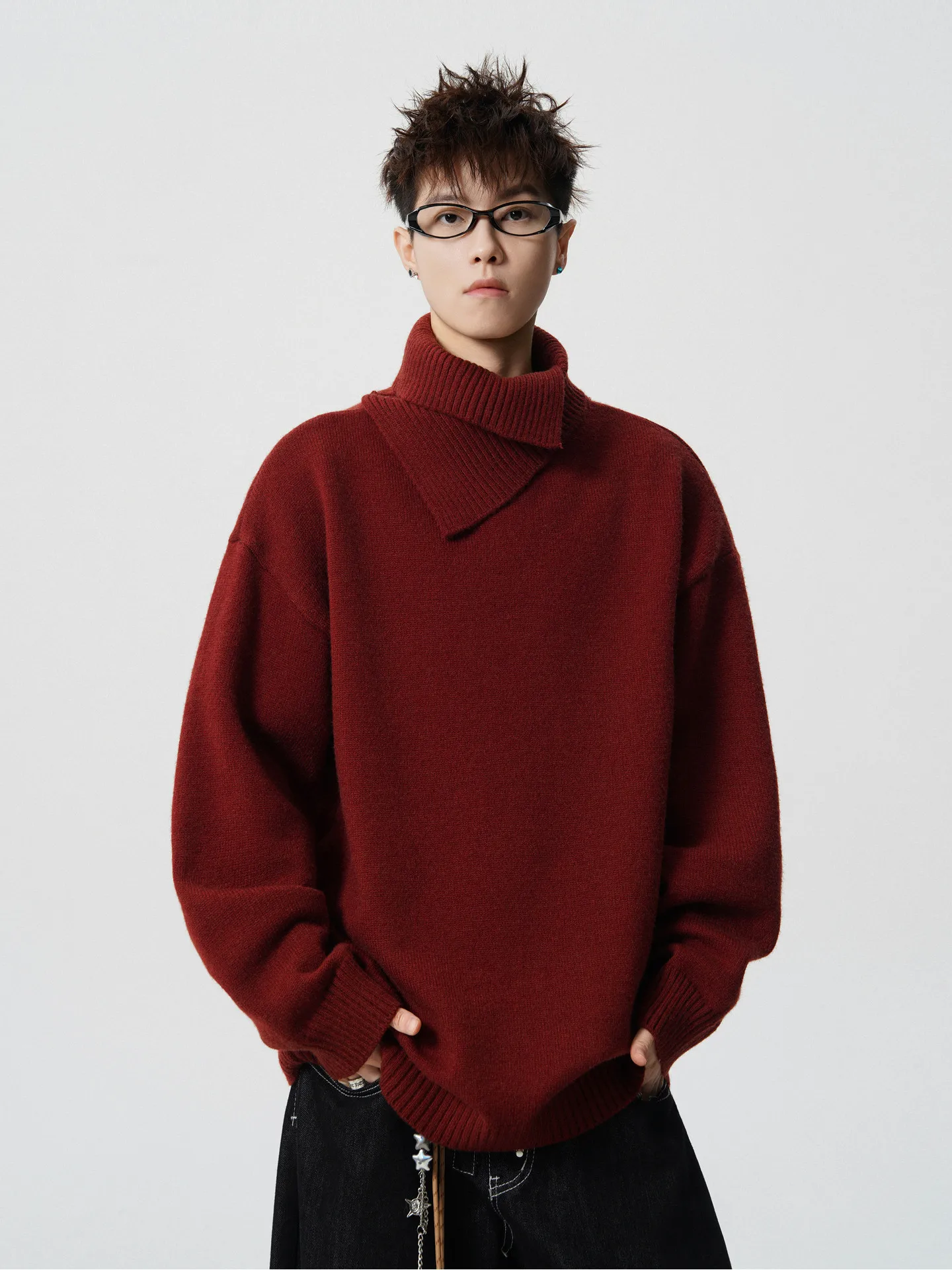 

Trendy Brand Retro Design Semi-turtleneck Sweater Men's Autumn Couple Loose Red Casual Knitted Sweater