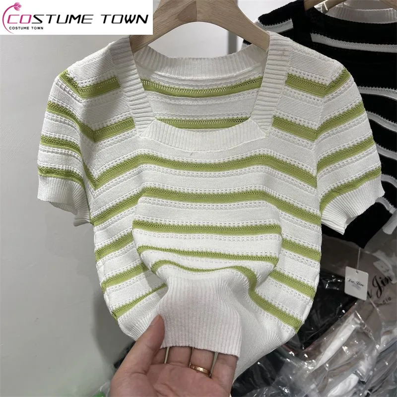 

2023 Summer New Square Neck Thin Ice Silk Knitted Short Sleeve T-shirt Women's High Waist Striped Small Shirt Top Fashion