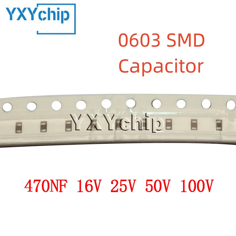 470NF 0603 16V 25V 50V 100V 10% 474K ตัวเก็บประจุเซรามิกหลายชั้นแบบชิป SMD 1608 X7R 100ชิ้น