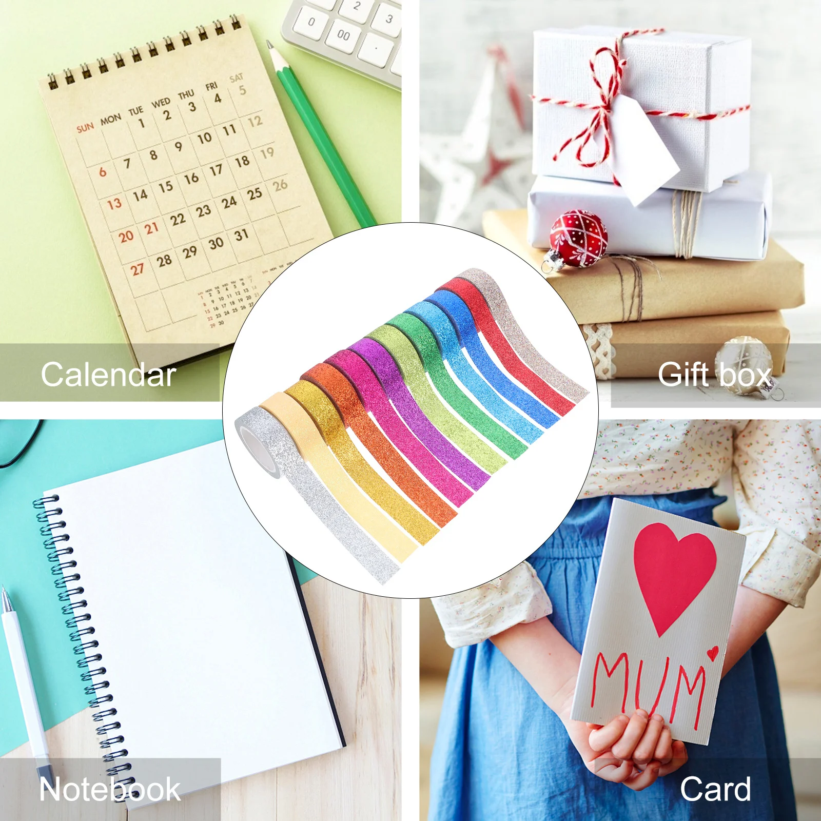 12 Rolls Rainbow Color Glitter Decorative Washi Tape Easy Use DIY Paper Tape Hand Account Gift Wrap Photo Album Sticker