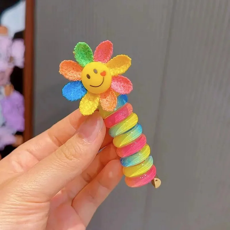 1PC New Lovely Rainbow Color High Elastic Spiral Hair Rope Head Rope Ponytail Hair Ring Rubber Band Headdress For Kids