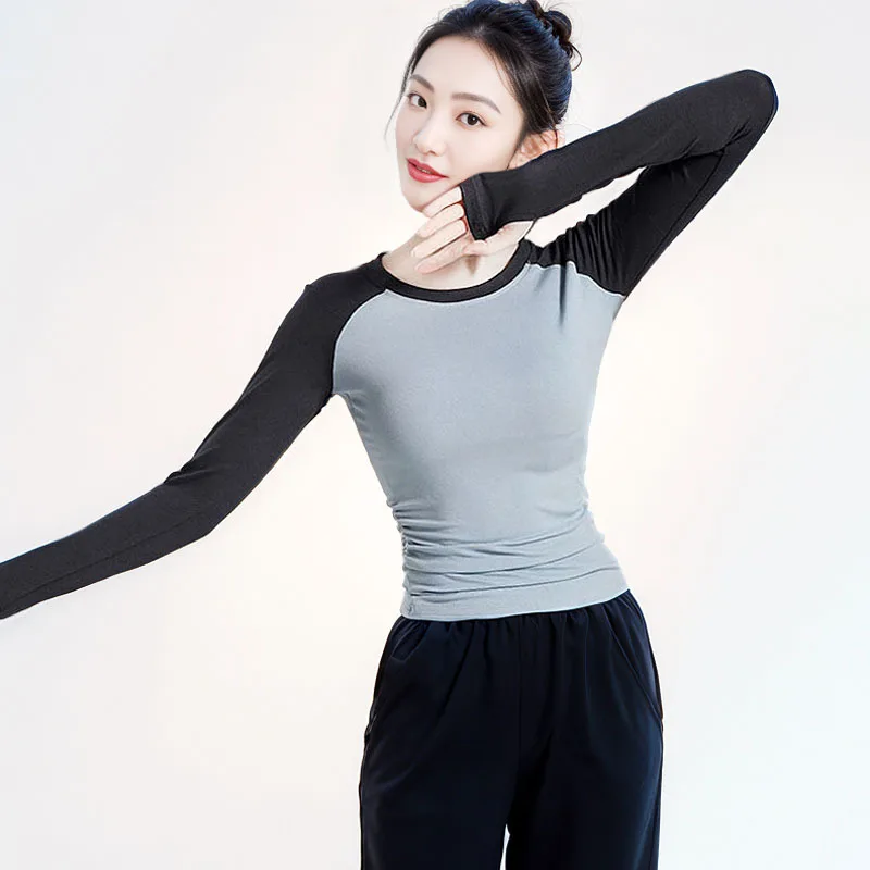 Modern dance practice clothes autumn and winter contrasting colors long-sleeved yoga tops Chinese dance