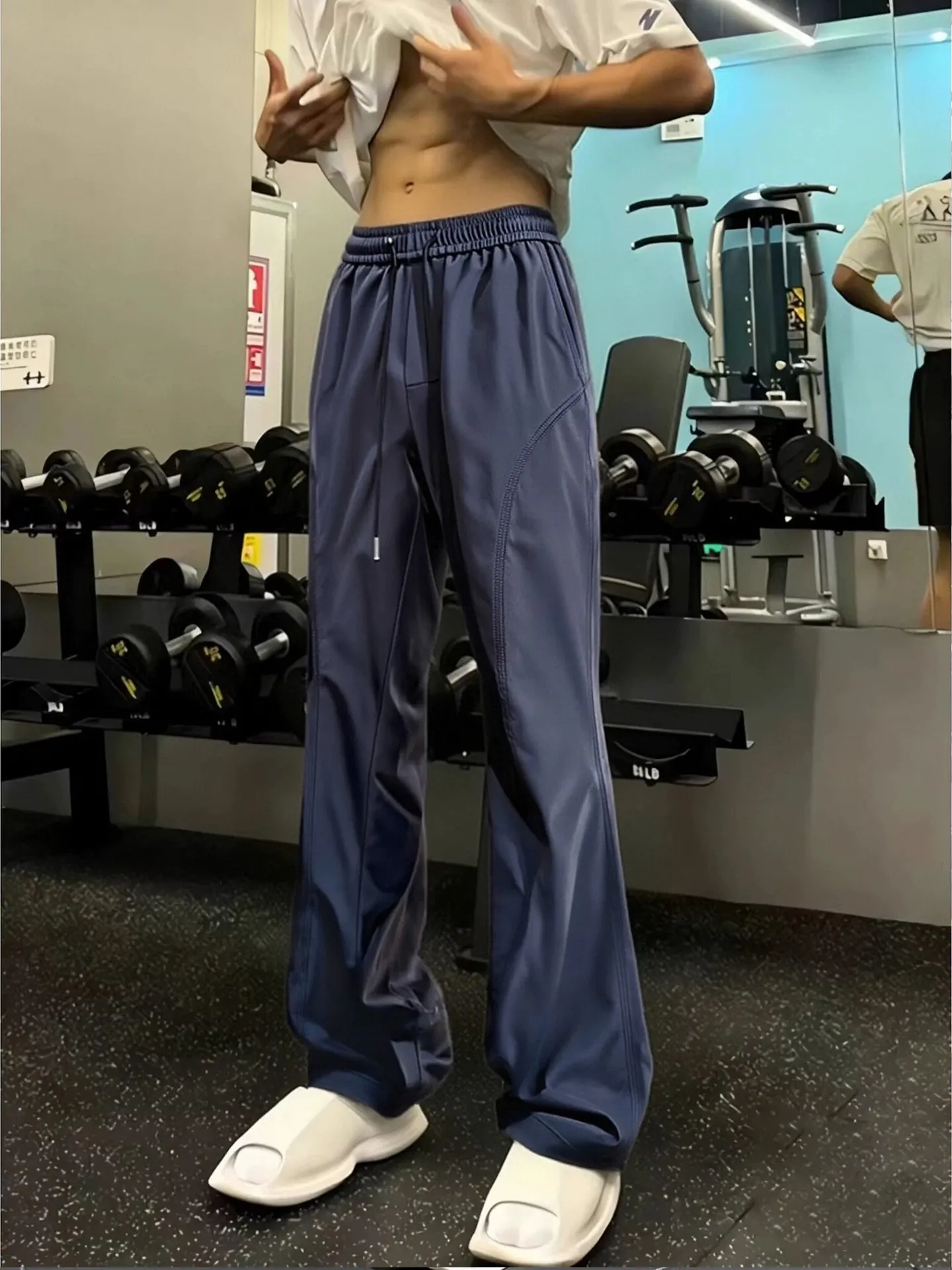 

American Sle Ice Silk Pants Men's Spring Summer Slant Cut Flared Fitn Sports Qui Dry Casual Pants Deep Blue Color