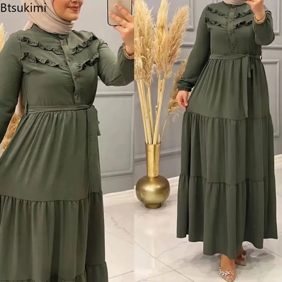 Elegant Maxi Dress for Women Muslim Fashion Abaya Hijab Dubai Turkey Loose Robe Females Solid Long Sleeve Dress Islamic Clothing