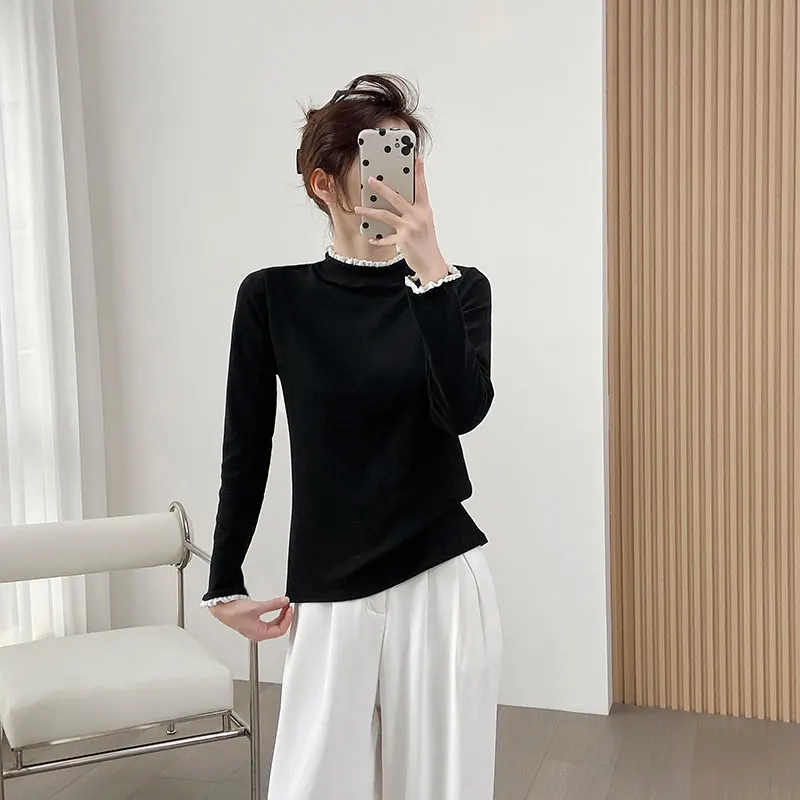 

Double-Sided Fce Velvet Base irt Wood Bells ionic Pile Collar Inner Wear Self-Heating Warm Top Women's Knitted S...