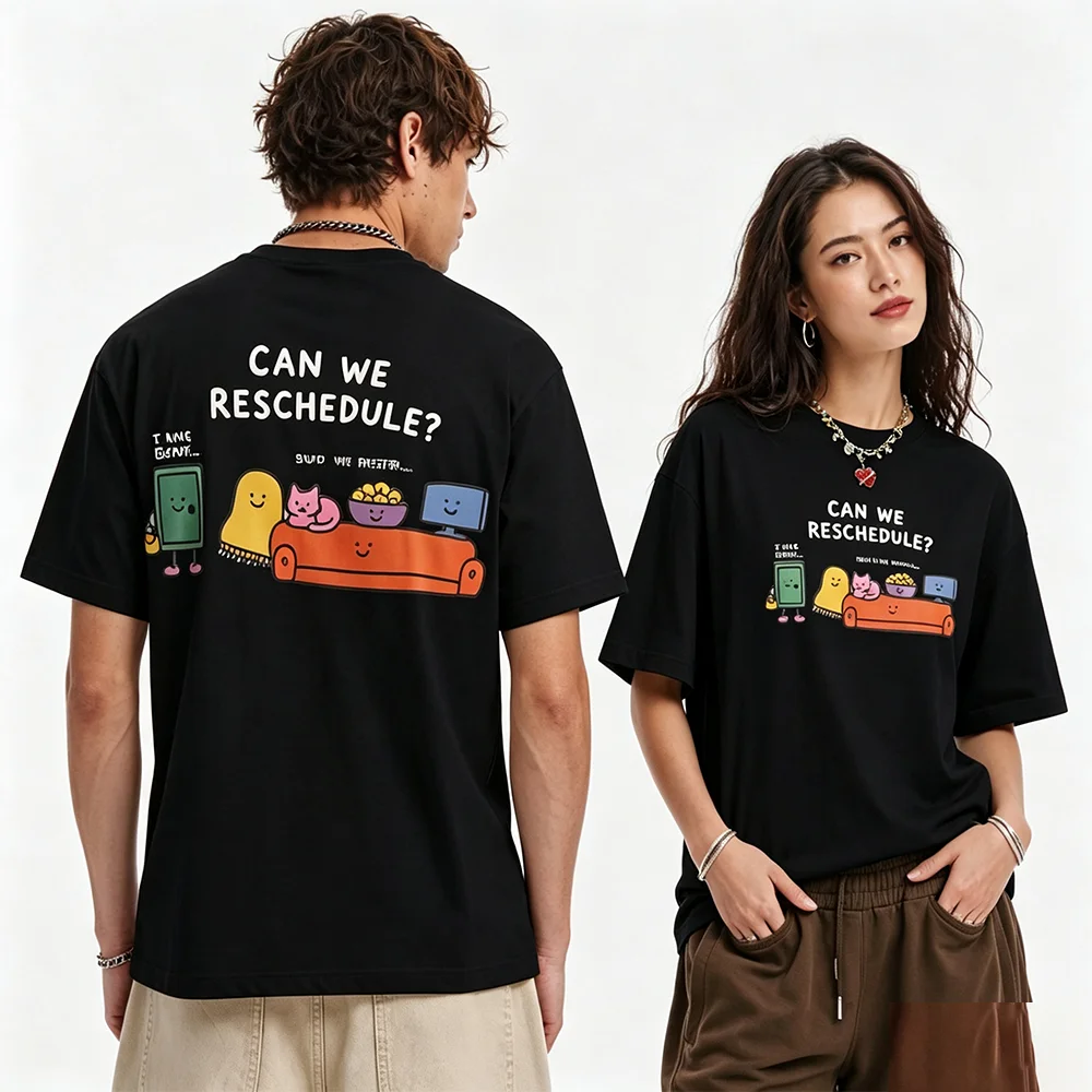Unisex Lazy Home Cartoon Character T-Shirt Couple Matching Casual Tee for Introverts Homebodies Adults And Kids Can We Reschedul