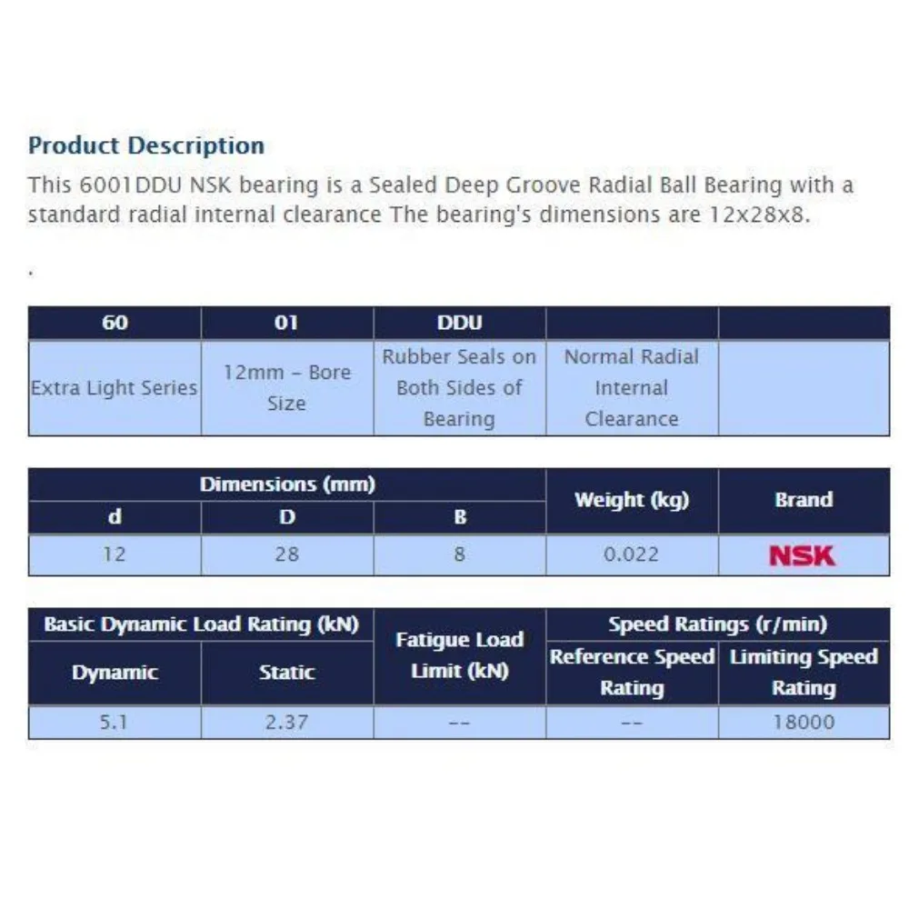 NSK 6001 DDU Deep Groove Radial Ball Bearing 12x28x8mm