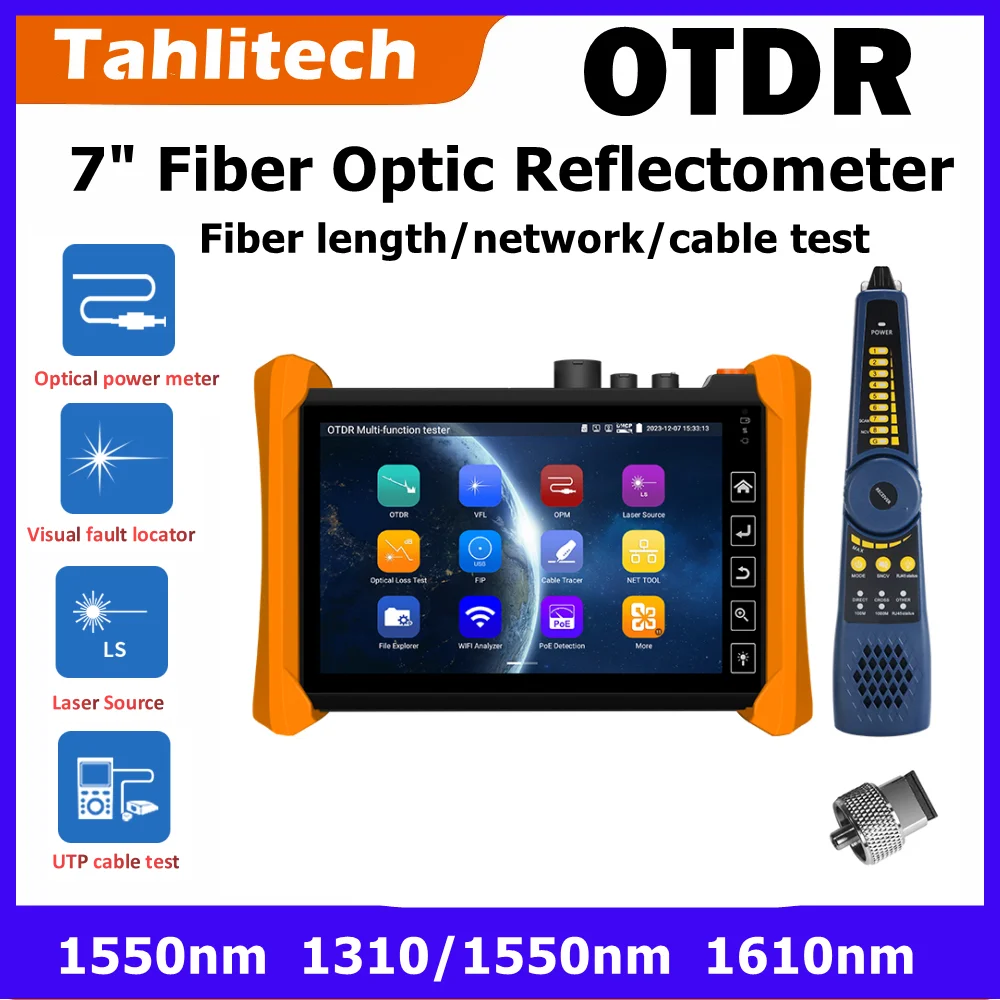 

Fiber Optic Reflectometer MOT-73 OTDR 1310/1550nm 1610nm 28/26/24dB 7" Touch Screen VFL OLS OPM Event Map Ethernet Cable Tester