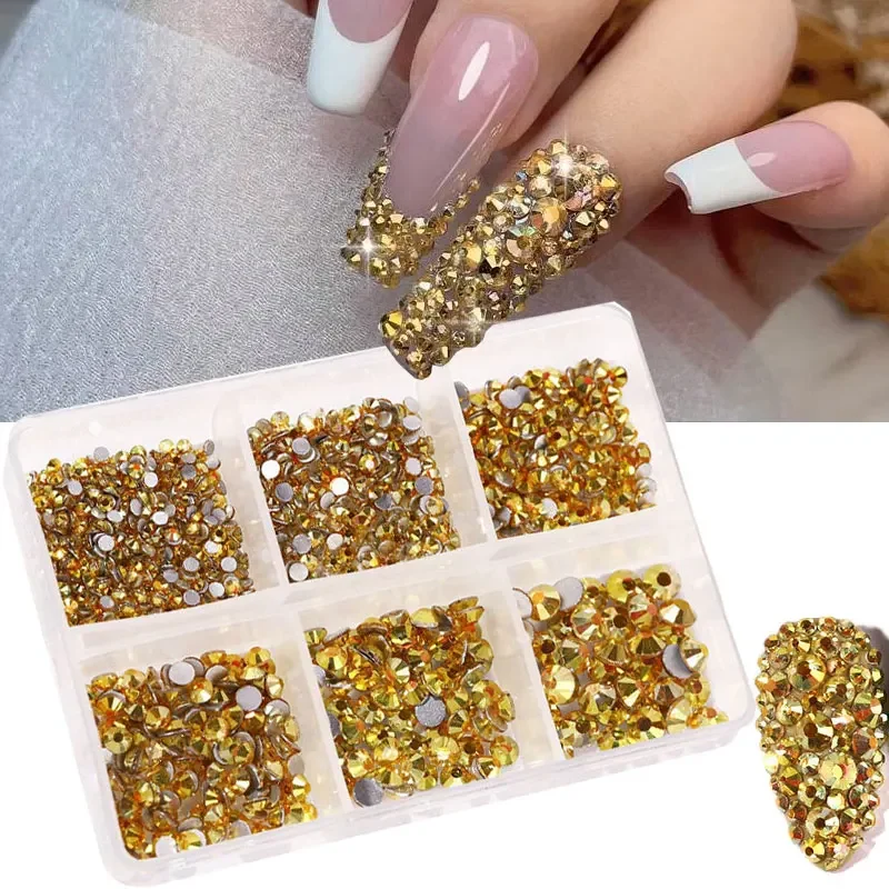 

SS4-SS6 Mix Gold Glass Diamond Nail Gems 6Grids 1.5-4mm Bling Flatback Nail Rhinestone Non Hotfix Crystals Nail Art Decora #rY7R