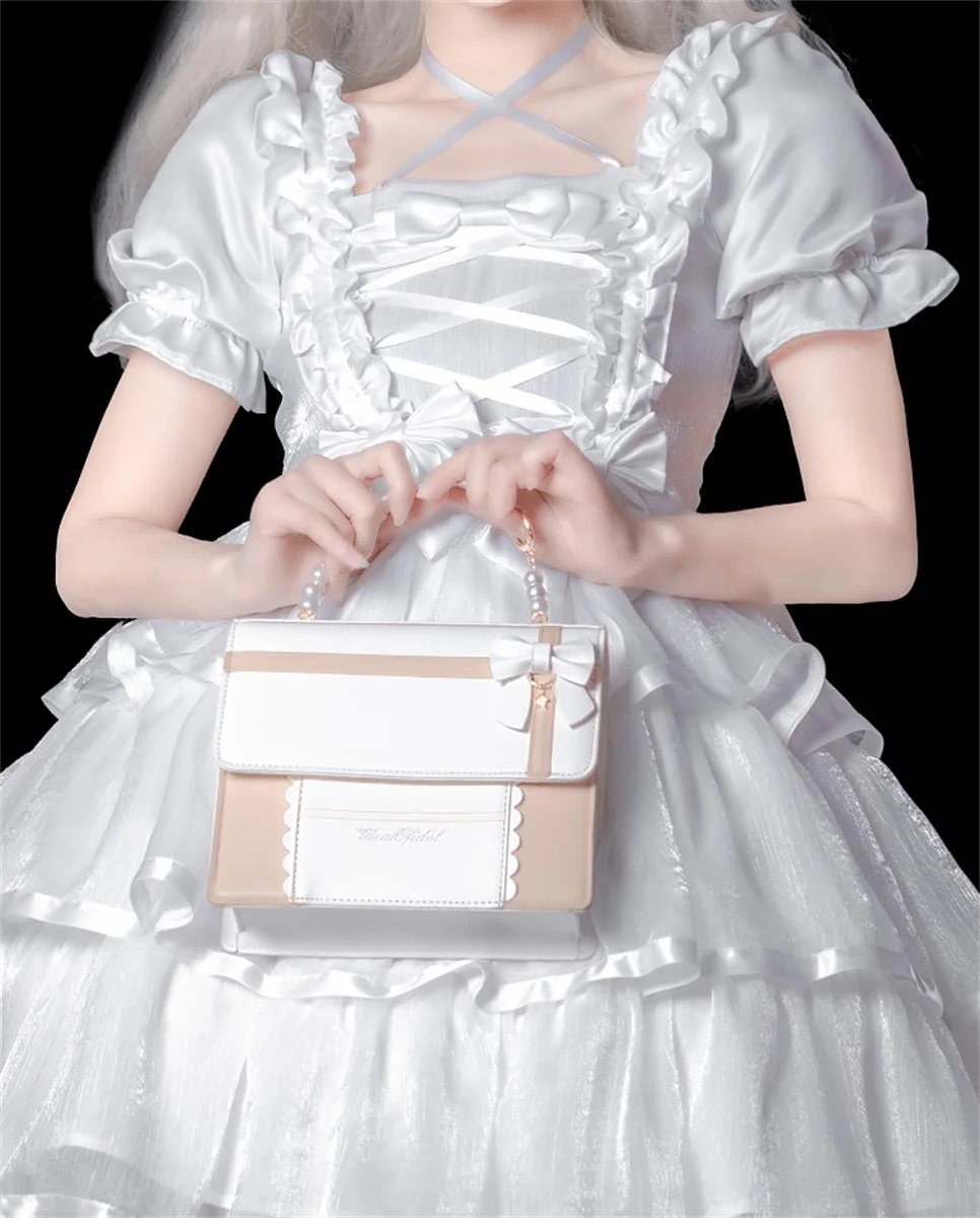 Japanese Sweet Style Cosplay Lolita Woman Bag Cute Girls Elegant Pearls Bowknot Star Ruffle Letters Handbag Shoulder Bag