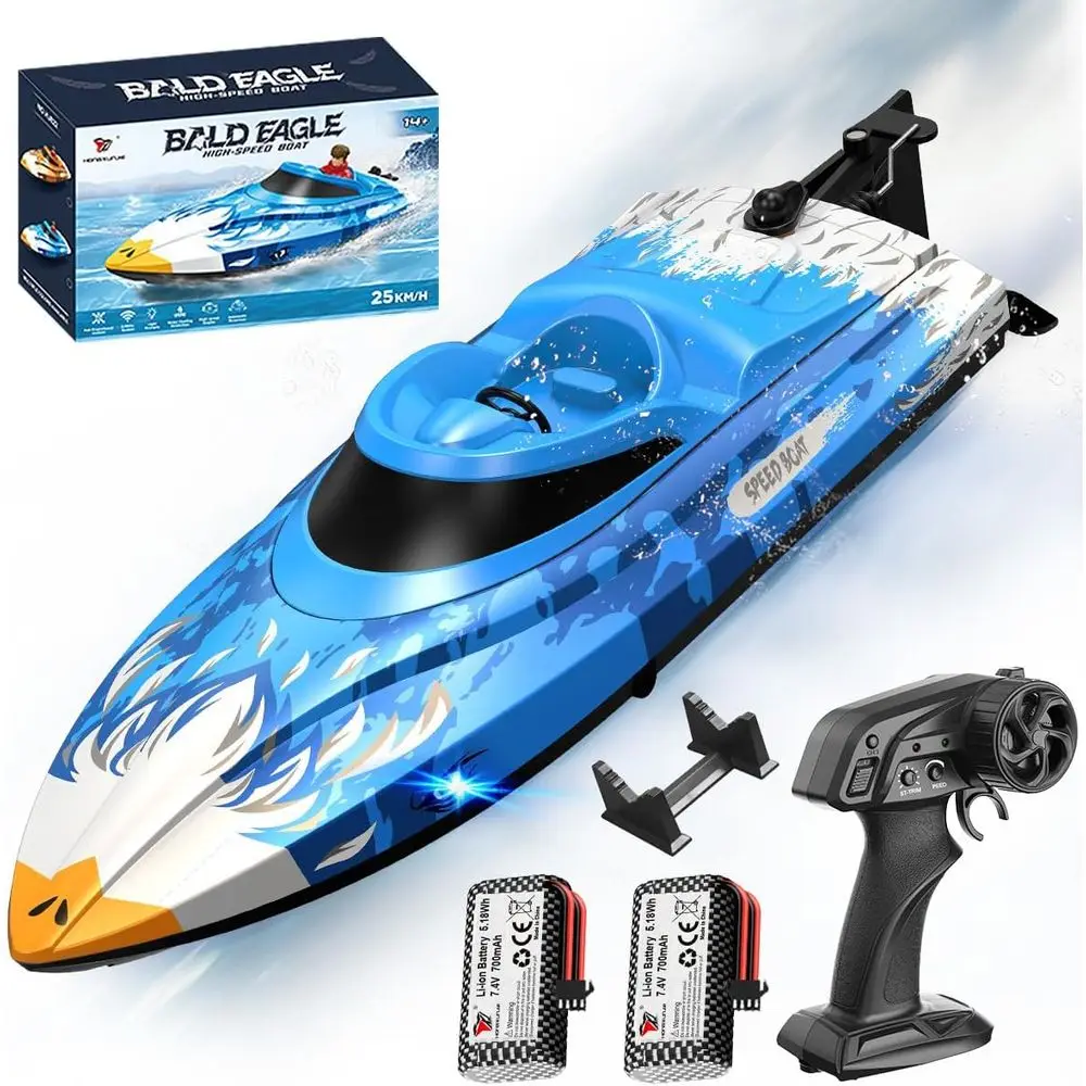 

High-Speed 25KM/H RC Boat with Waterproof Design, 2.4GHz Control, Dual Batteries, LED Lights, Easy Flip Recovery, Alarms for Bat
