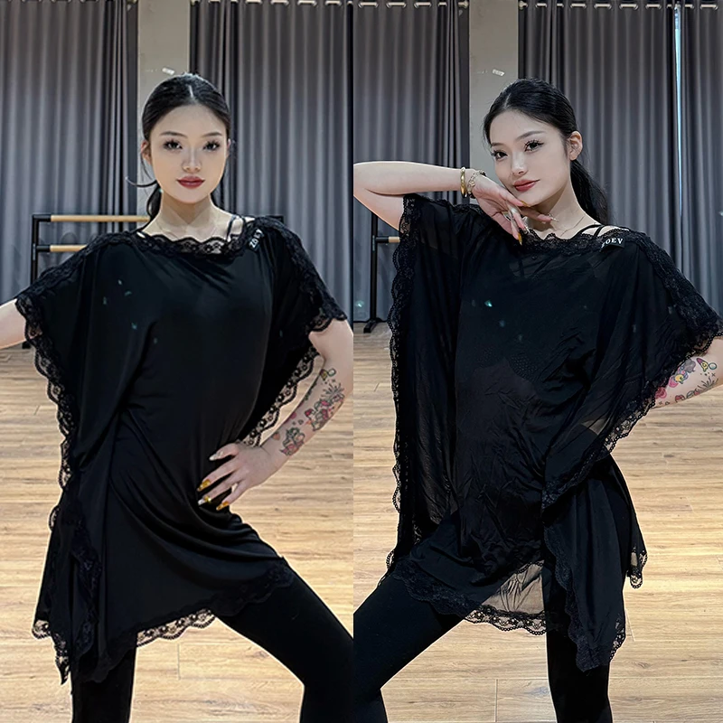 

Черные топы для латинских танцев с кружевной отделкой, женские свободные топы нестандартной формы, одежда для тренировок по румбе, самбе, сальсе, сексуальное платье DNV26258