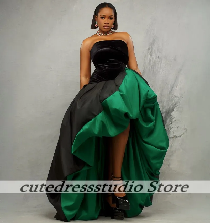 

Design Black and Green Evening Dresses Velvet High Low Party Dress Satin Strapless A Line Prom Gowns For Women Customized