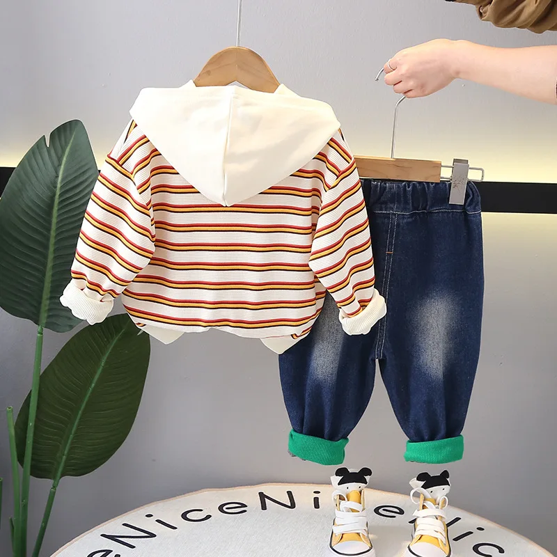 Toddler Boy Outfits 2024 Designer Baby Boys Spring Casual Striped Long Sleeve Hooded Hoodie Pants Two Piece Suit Children's Set