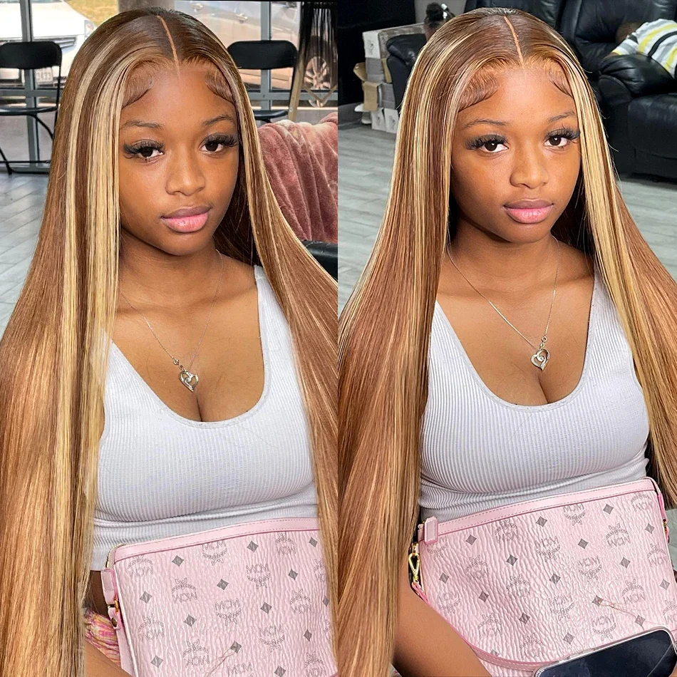 250% 13X4 Lace Front Wig Human Hair Honey Blonde 4/27 Highlight Ombre Pre Cut Straight HD Transparent 13x6 Laced Wigs For Women