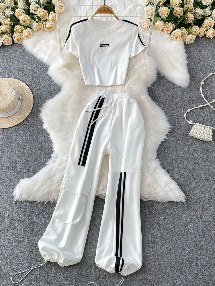 

2025 new design sense two bar shoulder short sleeved T-shirt top+high waist slimming drawstring ankle pants two-piece set