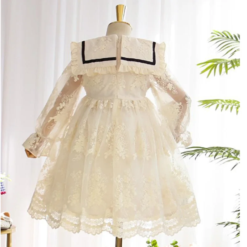 Girls Princess Mesh Dress Children Long-sleeved Lace Gown New Children\'s Sweet Bow Dresses Girl Birthday Party Tulle Dress